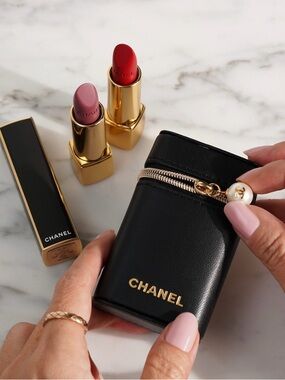 CHANEL Limited Edition Black & Gold Lipstick Rouge AllureDuo with Black Zip Case